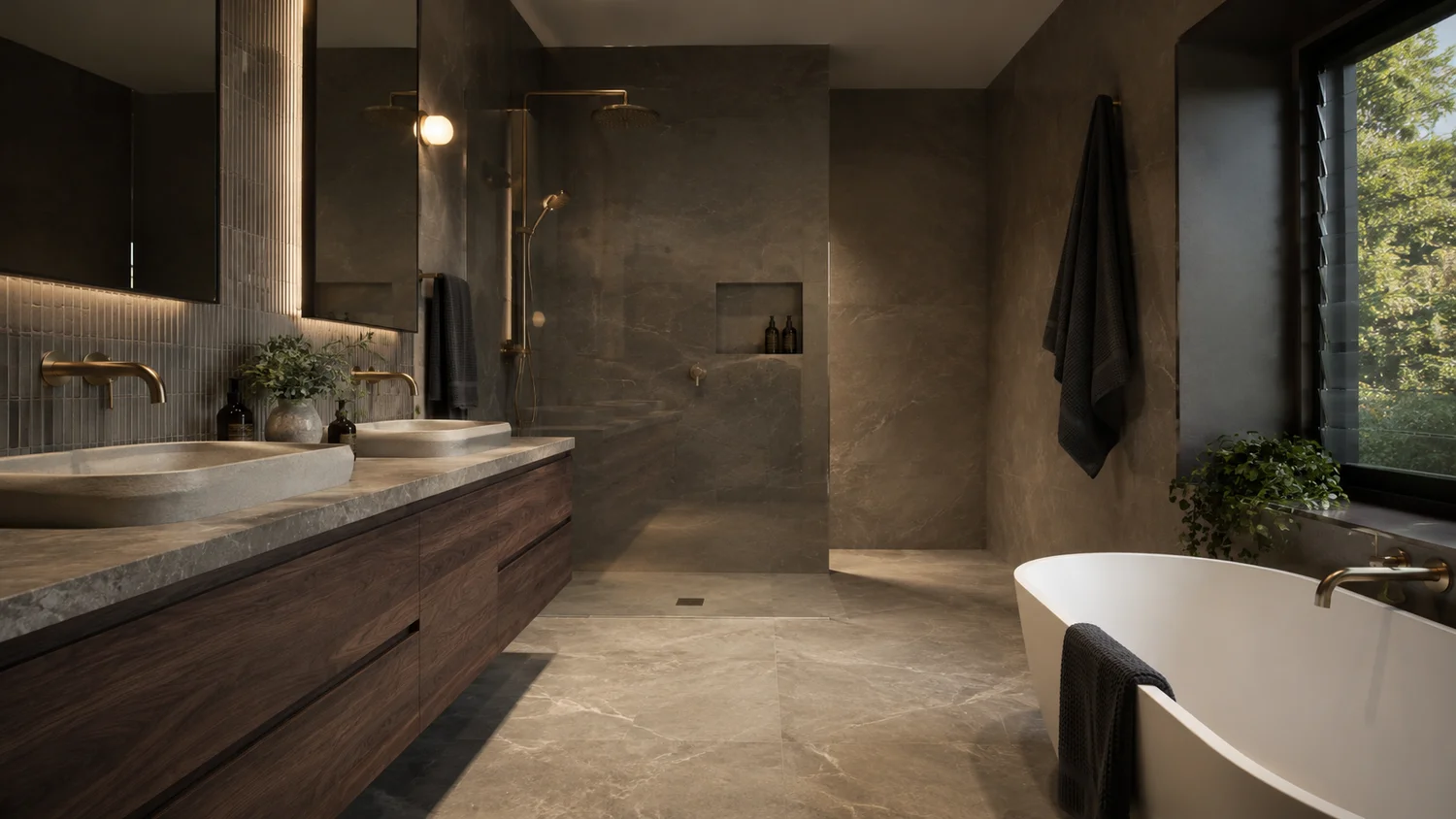 Bathrooms inspiration: dark bathroom with timber vanity and tiled walls